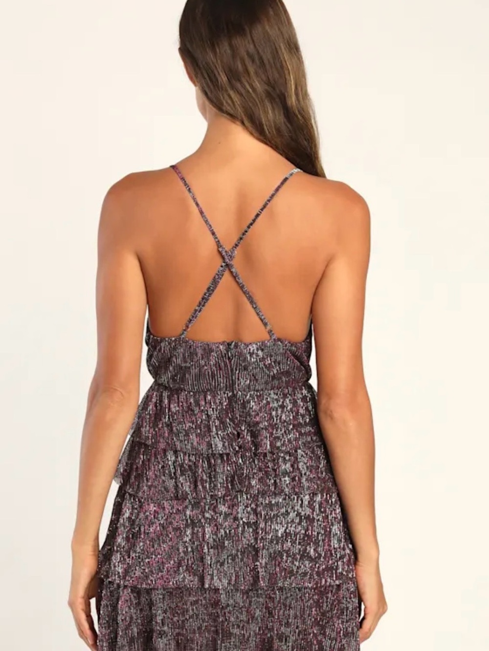 Lulus Tiered V-Neck Mini Dress in Metallic Magenta. Size Medium. NWT - Picture 3 of 7